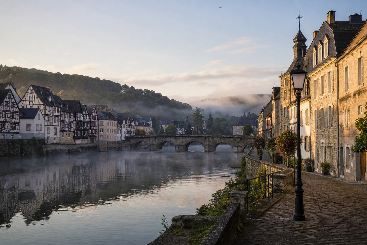 Steinerne Flussstadt an einem deutschen Talhang im weichen Licht