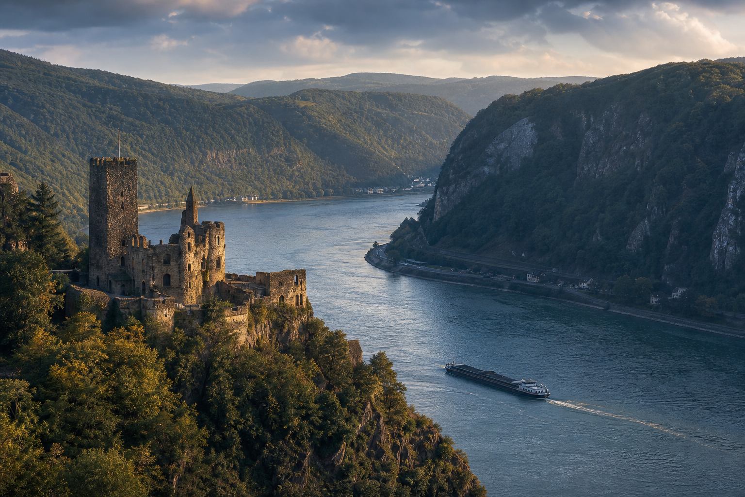 Rheintal mit Burg und Flussbiegung