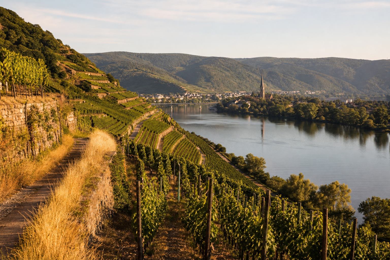 Weinberge und Flusstal in Deutschland bei warmem Abendlicht